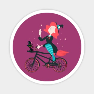 Cute Cartoon Witch Riding a Bicycle Magnet